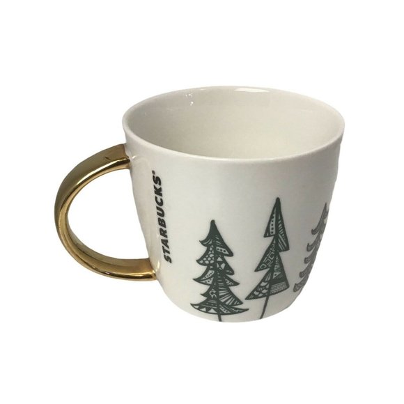 Starbucks Christmas Coffee Mug‎ White cup GreenTrees Gold Handle 3 1/2 X 4" 2015 - Picture 4 of 5